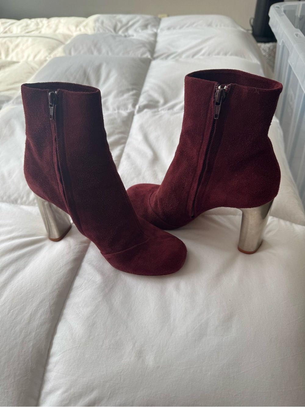 Celine Burgundy Suede Ankle Boots with Metallic Heel - Picture 3 of 7